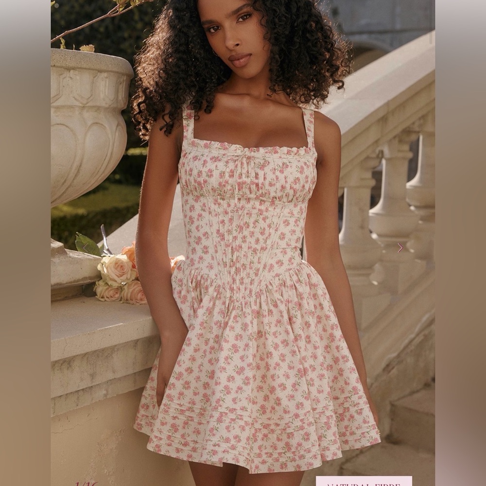 House of CB Natassia White Rosebud Print Cotton Mini Dress — XS